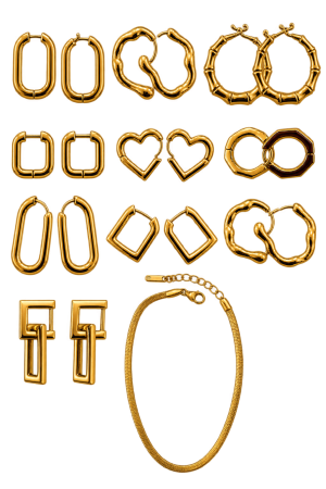 Coleção ÉCLAT Luxury Accessories da Mibella, com brincos e colar de design sofisticado e contemporâneo.